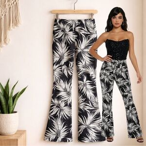 ZARA Black White Tropical Jacquard Print Flare Pants Size MEDIUM
